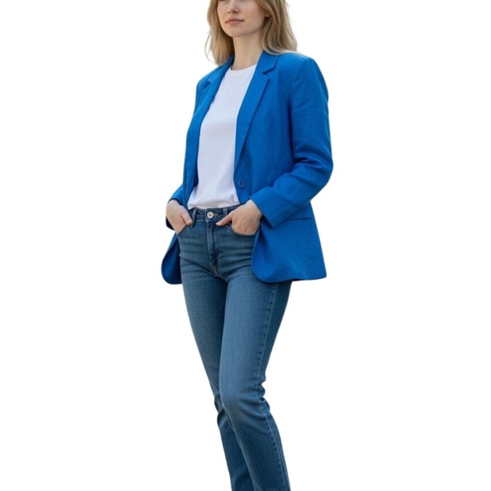 H by Halston 100 Linen Blazer Blue Quiet Luxury Medium NWT